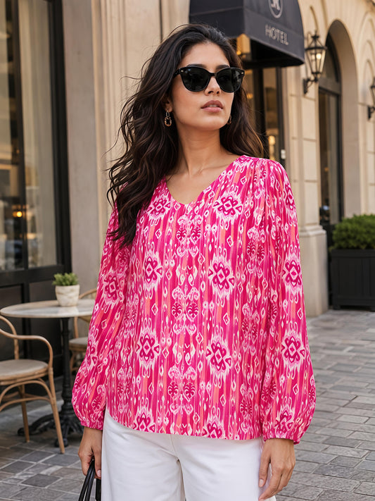 Pink Printed Cotton Blend V-Neck Stylish Full Sleeve Casual Top