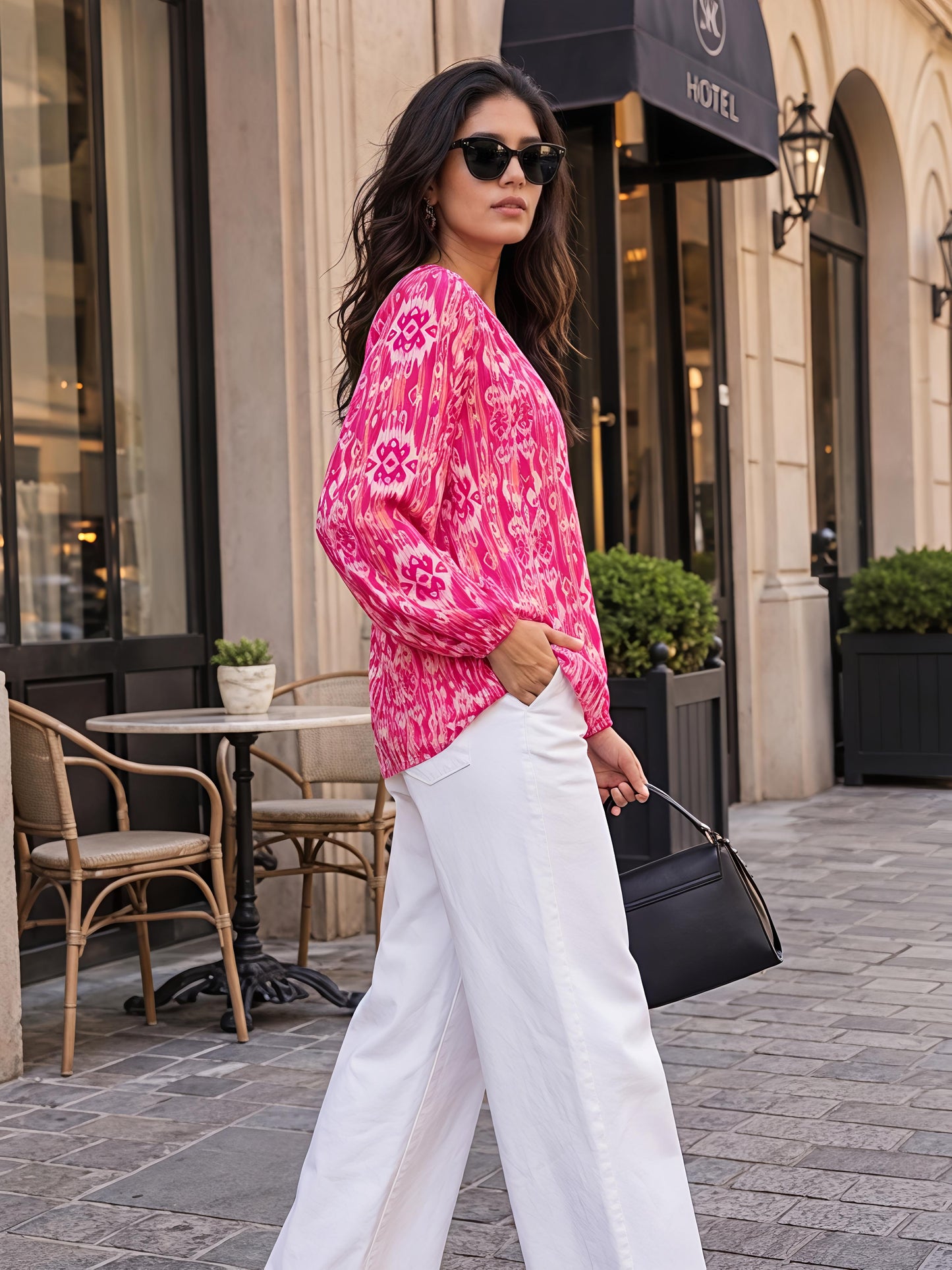 Pink Printed Cotton Blend V-Neck Stylish Full Sleeve Casual Top