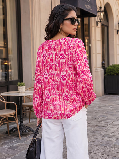 Pink Printed Cotton Blend V-Neck Stylish Full Sleeve Casual Top