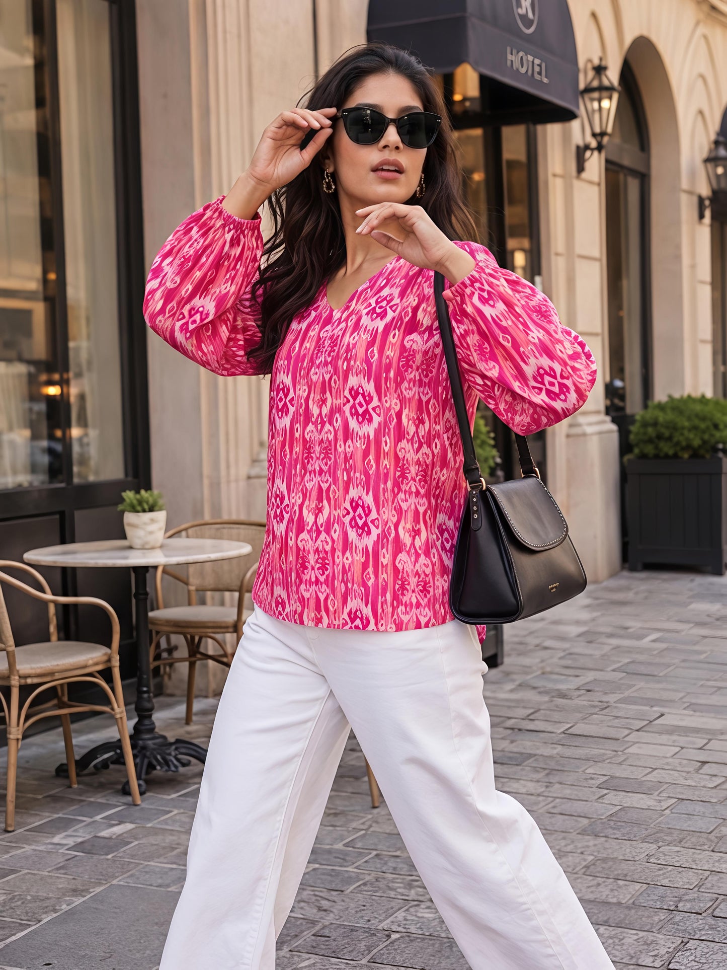 Pink Printed Cotton Blend V-Neck Stylish Full Sleeve Casual Top