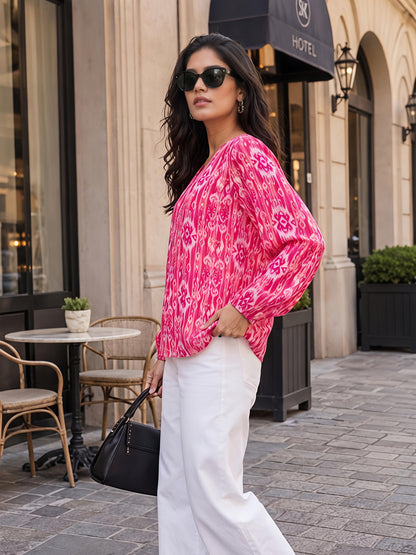 Pink Printed Cotton Blend V-Neck Stylish Full Sleeve Casual Top