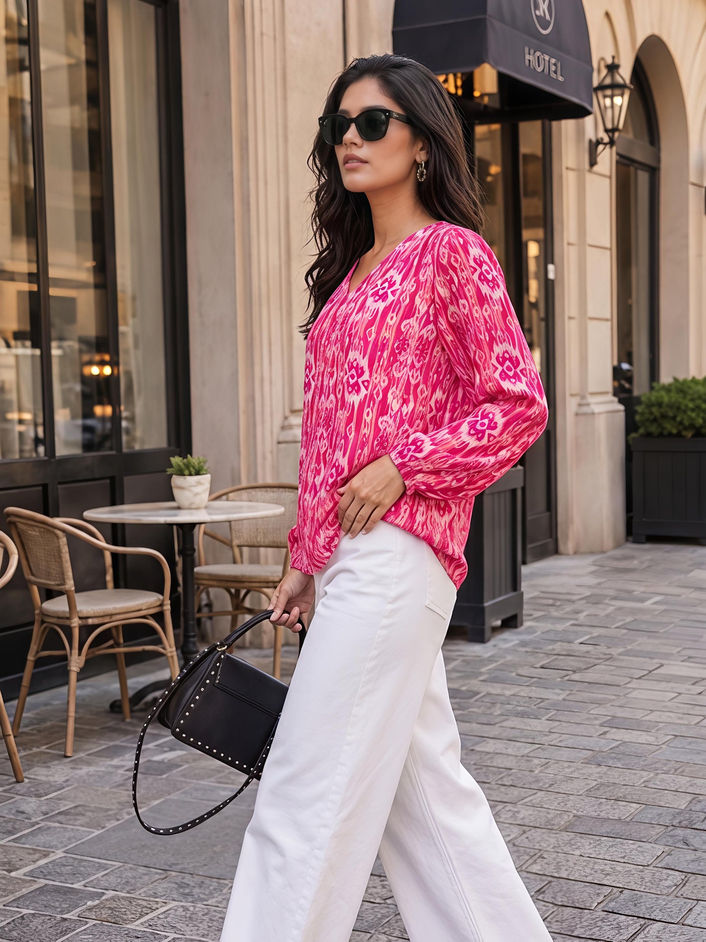 Pink Printed Cotton Blend V-Neck Stylish Full Sleeve Casual Top