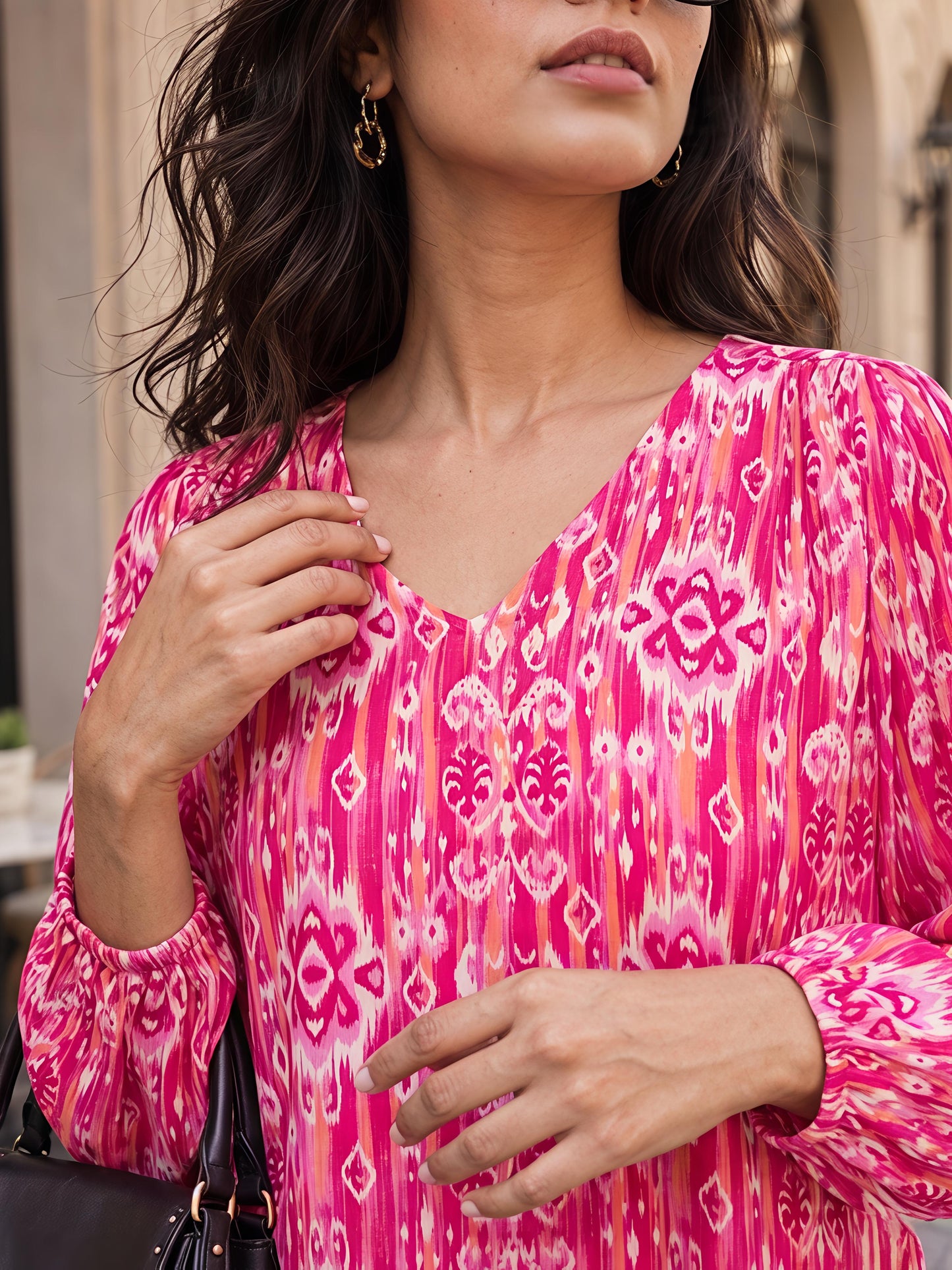 Pink Printed Cotton Blend V-Neck Stylish Full Sleeve Casual Top