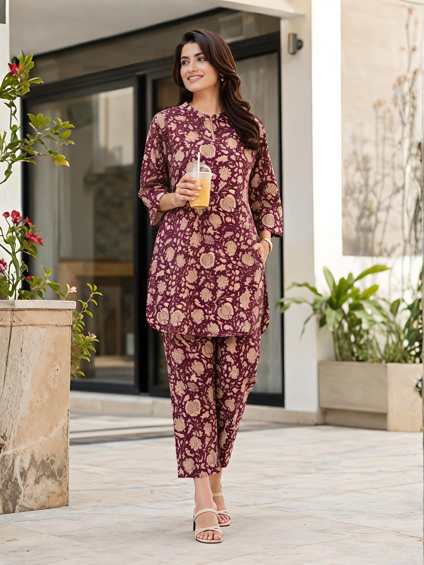 Maroon Cotton Blend Mandarin Neck Kurta Pant Co-Ord Set