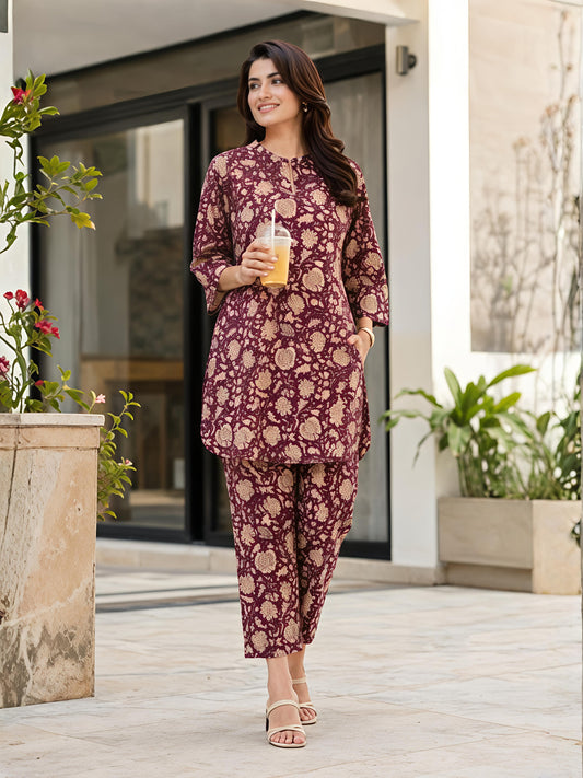Maroon Cotton Blend Mandarin Neck Kurta Pant Co-Ord Set