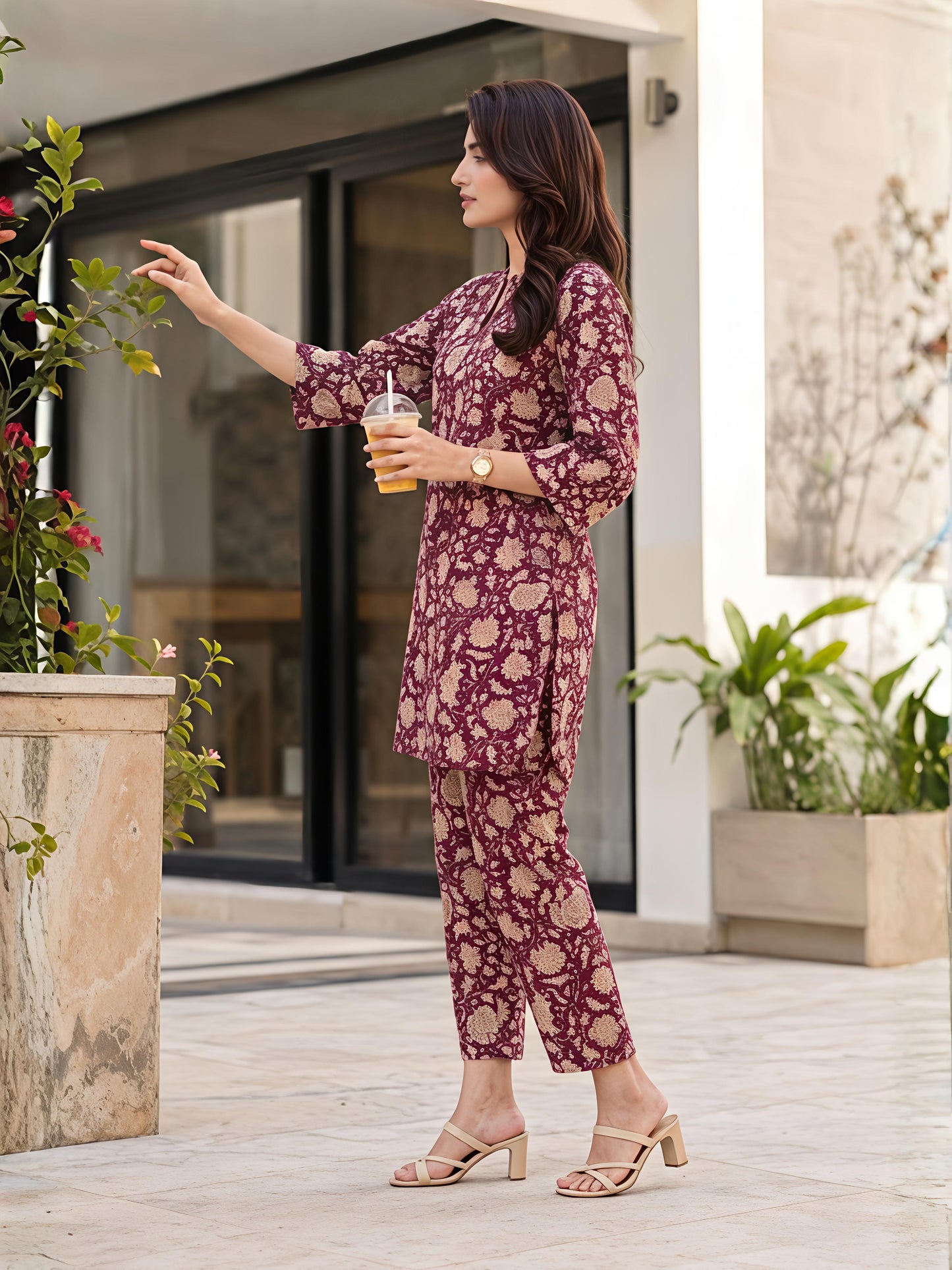 Maroon Cotton Blend Mandarin Neck Kurta Pant Co-Ord Set