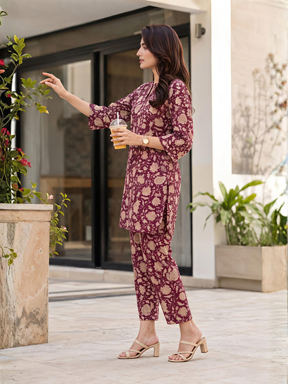 Maroon Cotton Blend Mandarin Neck Kurta Pant Co-Ord Set