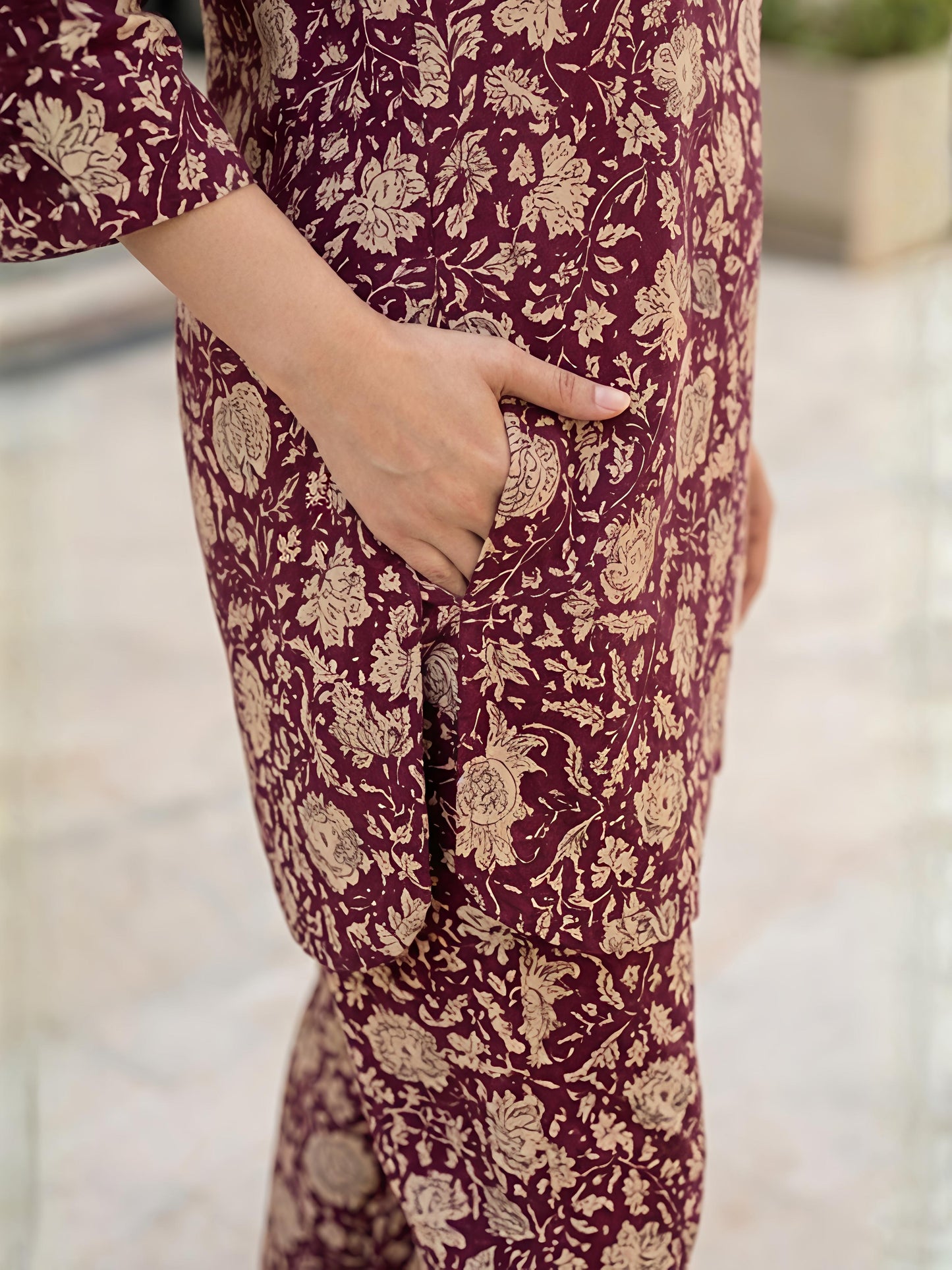 Maroon Cotton Blend Mandarin Neck Kurta Pant Co-Ord Set