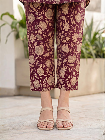 Maroon Cotton Blend Mandarin Neck Kurta Pant Co-Ord Set