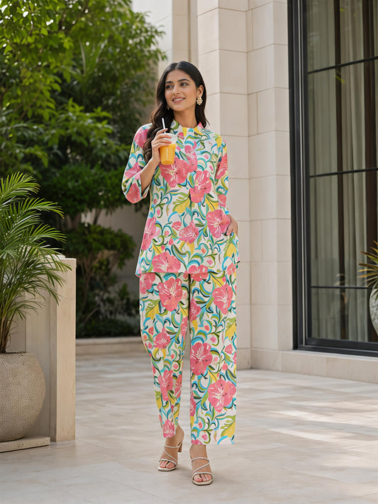 Multicolor Ethnic Floral Collar Neck Kurta Pant Co-Ord Set