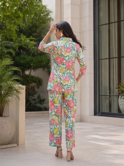 Multicolor Ethnic Floral Collar Neck Kurta Pant Co-Ord Set