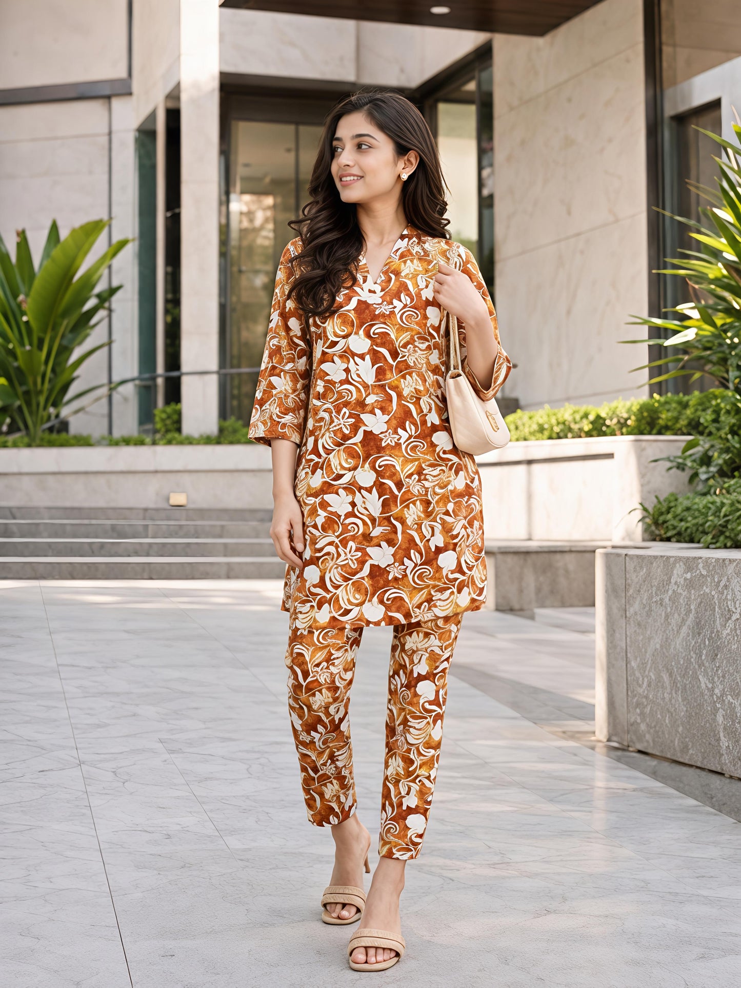 Yellow Floral Printed V-Neck Kurta Co-Ord Set Ethnic Outfit