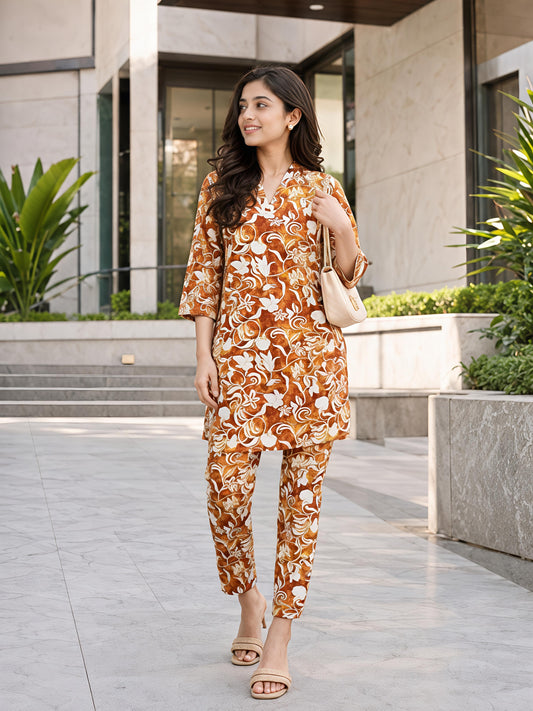 Yellow Floral Printed V-Neck Kurta Co-Ord Set Ethnic Outfit
