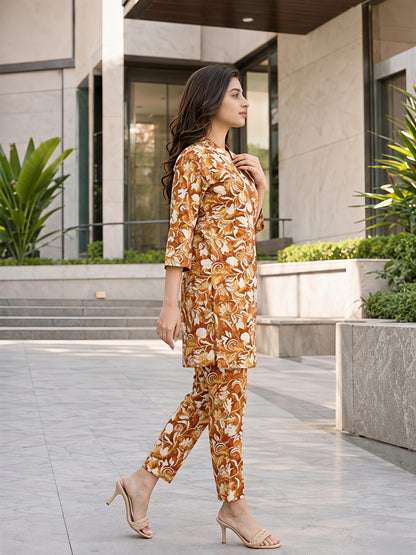 Yellow Floral Printed V-Neck Kurta Co-Ord Set Ethnic Outfit