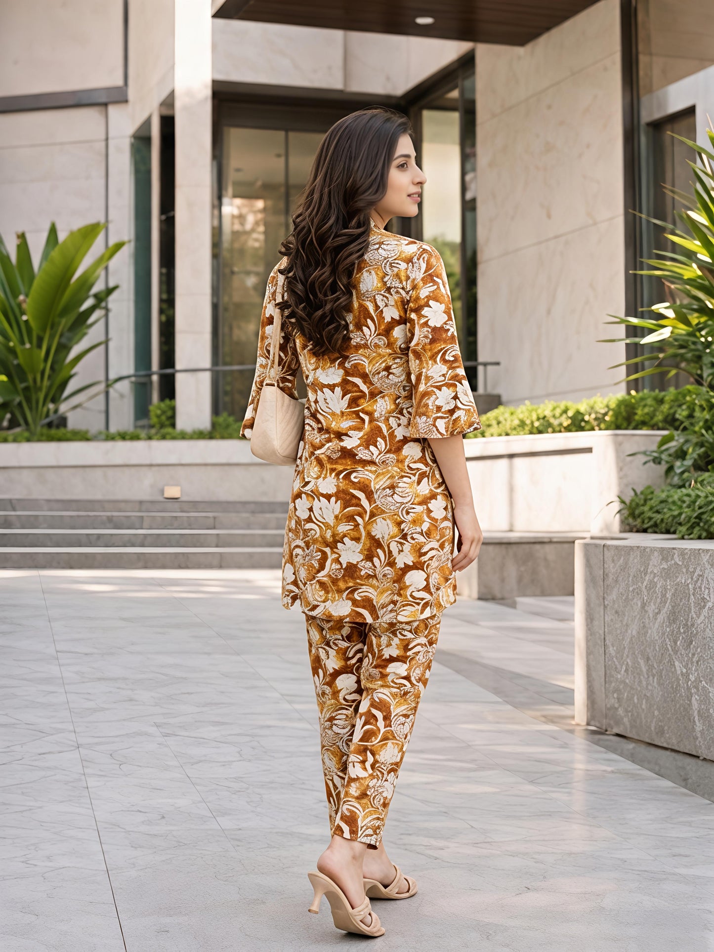 Yellow Floral Printed V-Neck Kurta Co-Ord Set Ethnic Outfit
