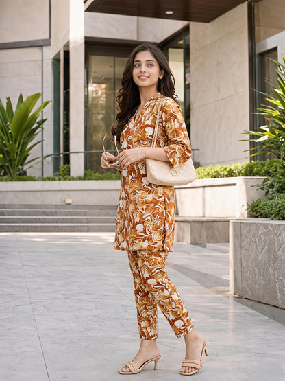 Yellow Floral Printed V-Neck Kurta Co-Ord Set Ethnic Outfit