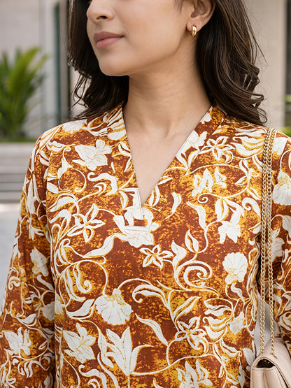 Yellow Floral Printed V-Neck Kurta Co-Ord Set Ethnic Outfit