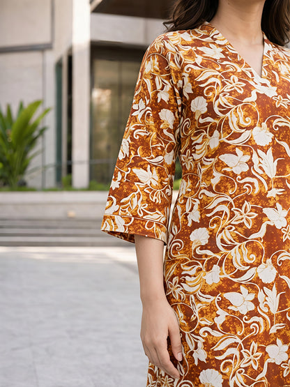 Yellow Floral Printed V-Neck Kurta Co-Ord Set Ethnic Outfit
