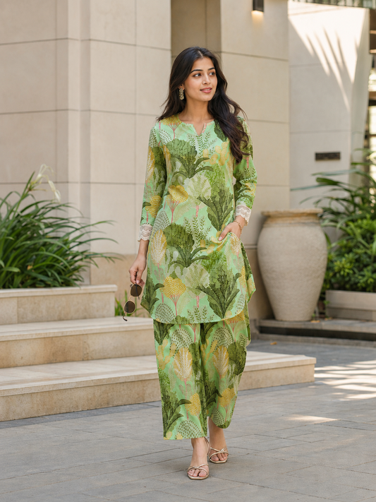 Green Cotton Blend Printed V-Neck Co-Ord Set Casual Set