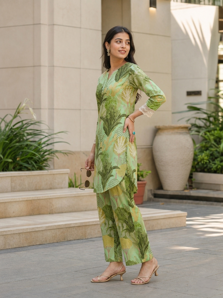 Green Cotton Blend Printed V-Neck Co-Ord Set Casual Set