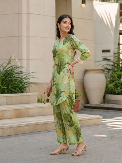 Green Cotton Blend Printed V-Neck Co-Ord Set Casual Set