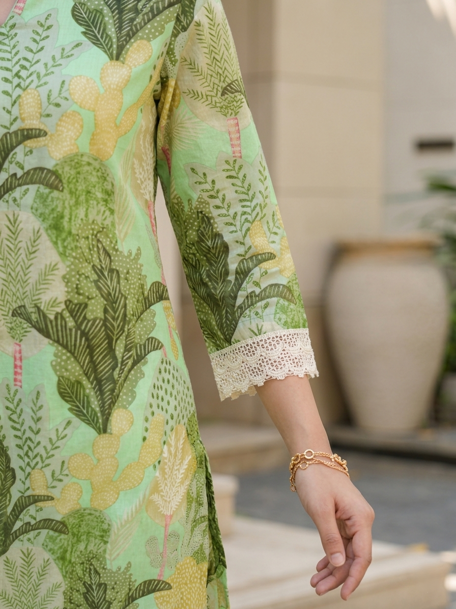 Green Cotton Blend Printed V-Neck Co-Ord Set Casual Set