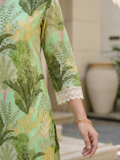 Green Cotton Blend Printed V-Neck Co-Ord Set Casual Set