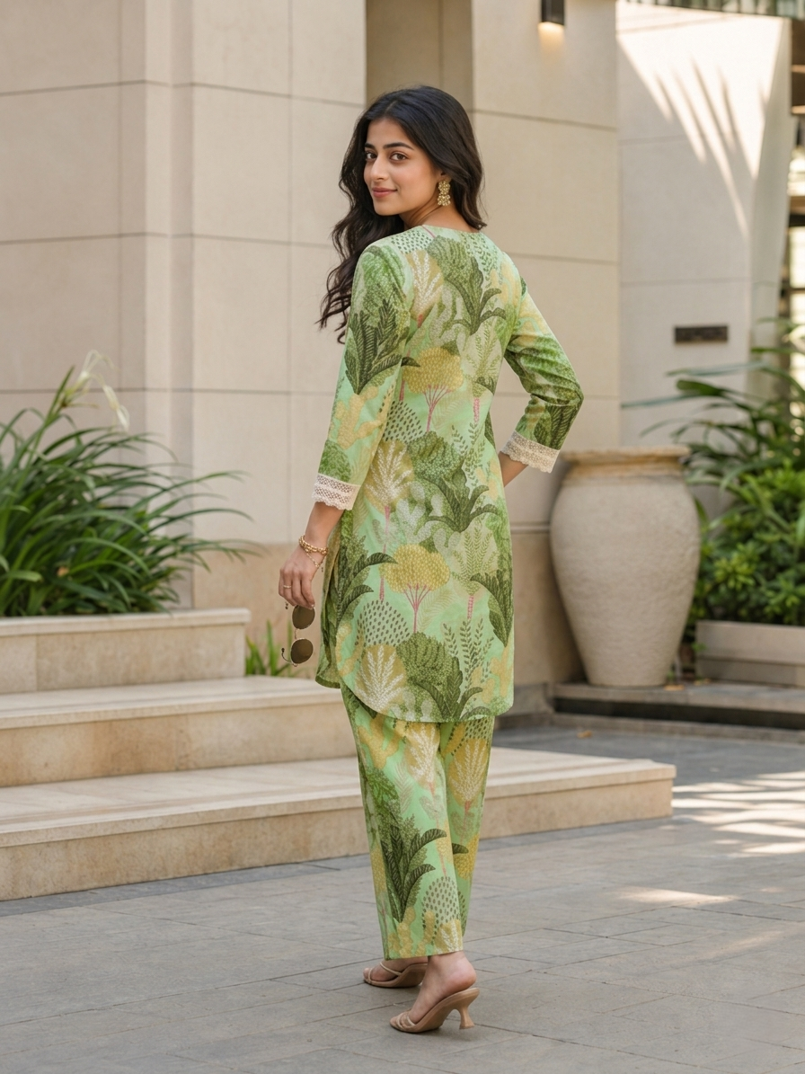 Green Cotton Blend Printed V-Neck Co-Ord Set Casual Set
