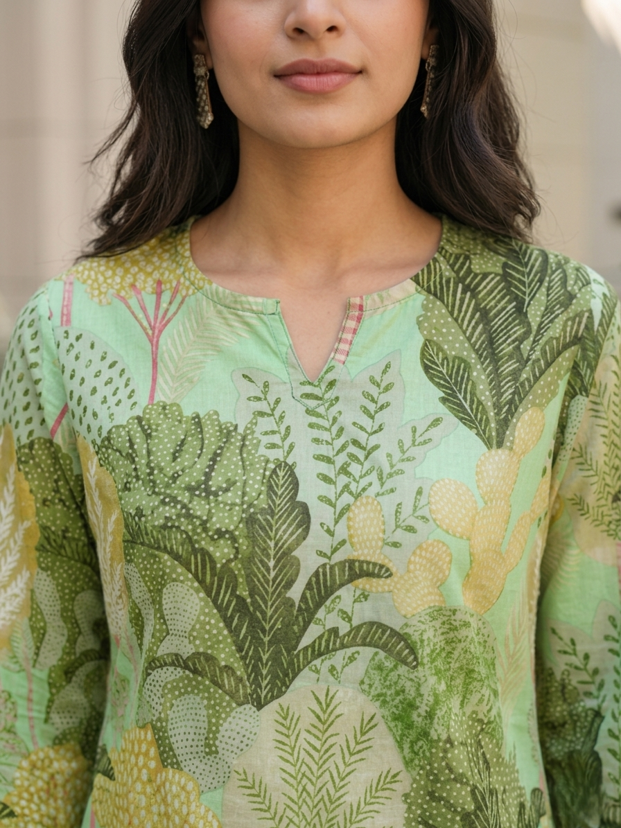 Green Cotton Blend Printed V-Neck Co-Ord Set Casual Set