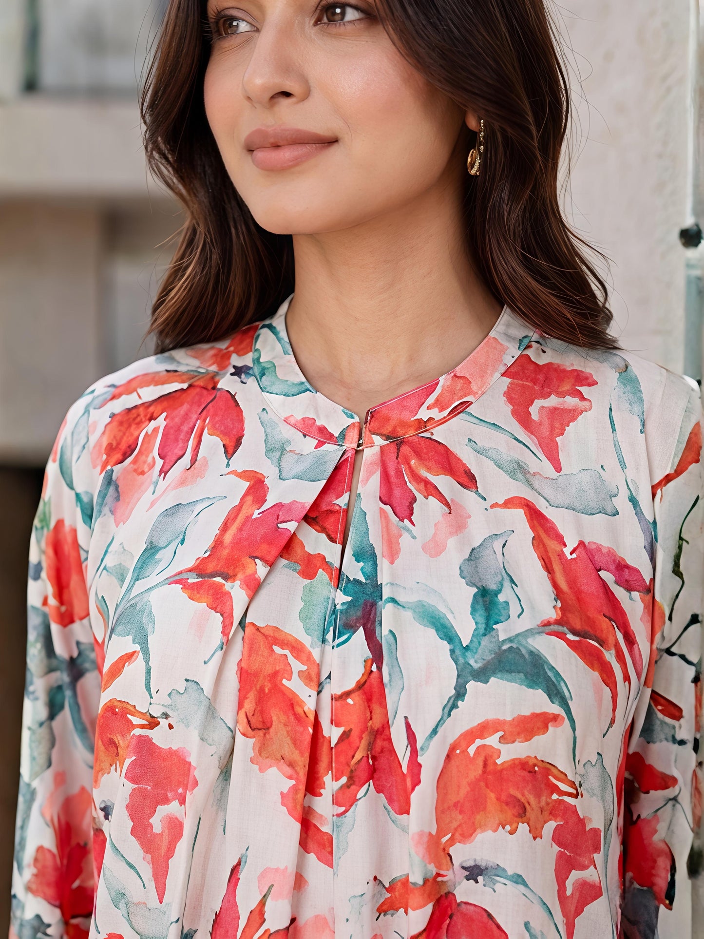 Beige Floral Printed Cotton Blend Round Neck