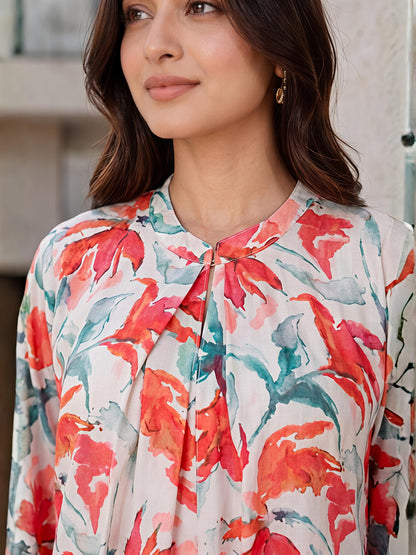 Beige Floral Printed Cotton Blend Round Neck