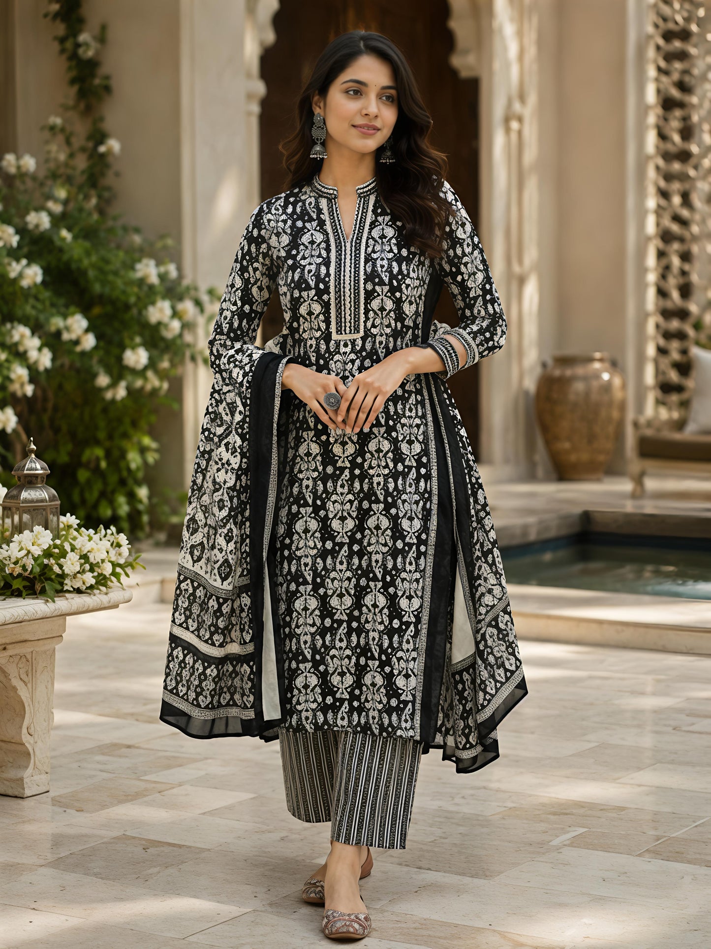 Black Ethnic Cotton Printed Kurta Set Pant Dupatta Outfit