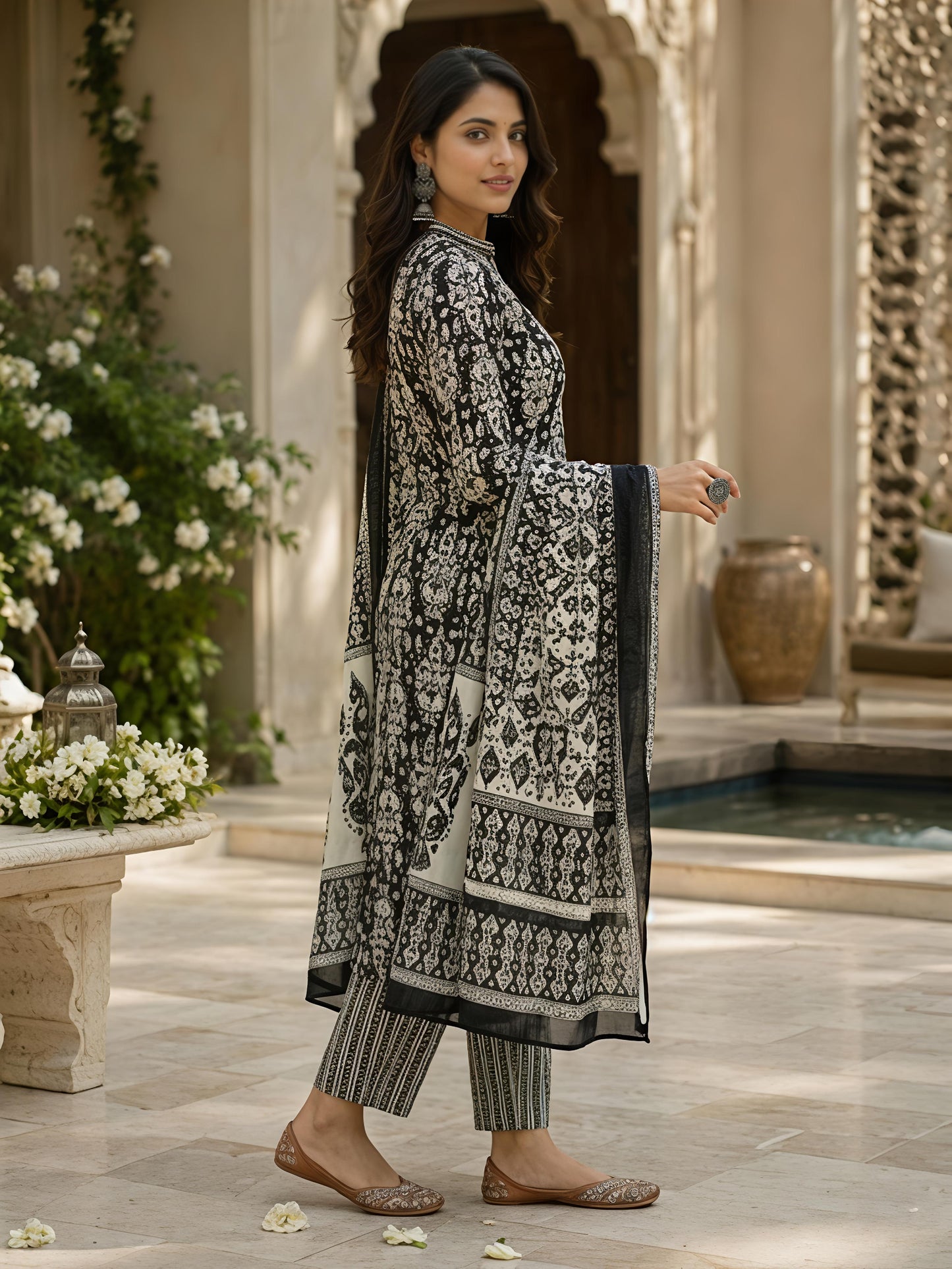 Black Ethnic Cotton Printed Kurta Set Pant Dupatta Outfit