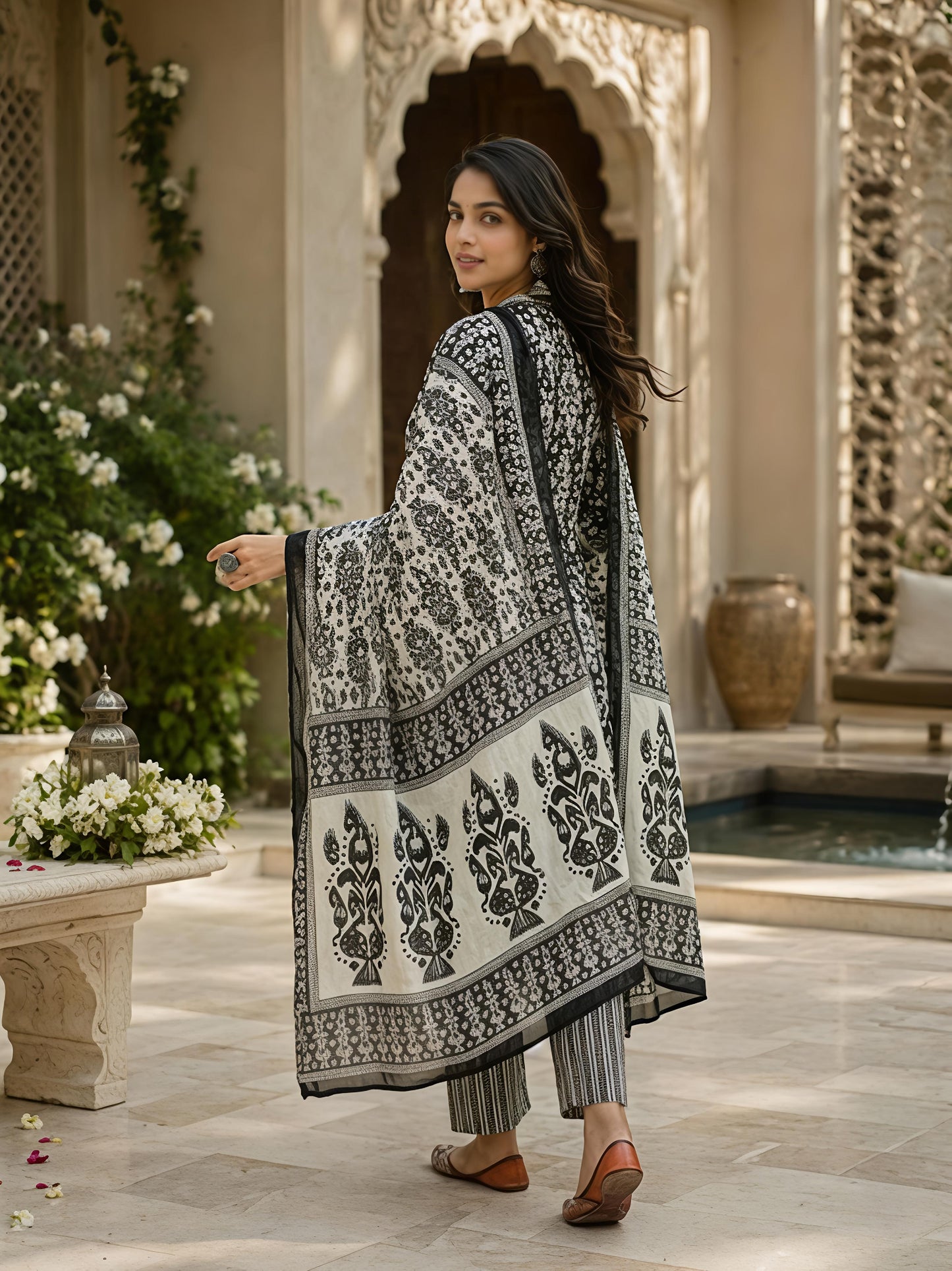 Black Ethnic Cotton Printed Kurta Set Pant Dupatta Outfit