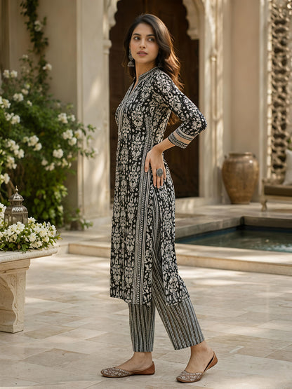 Black Ethnic Cotton Printed Kurta Set Pant Dupatta Outfit