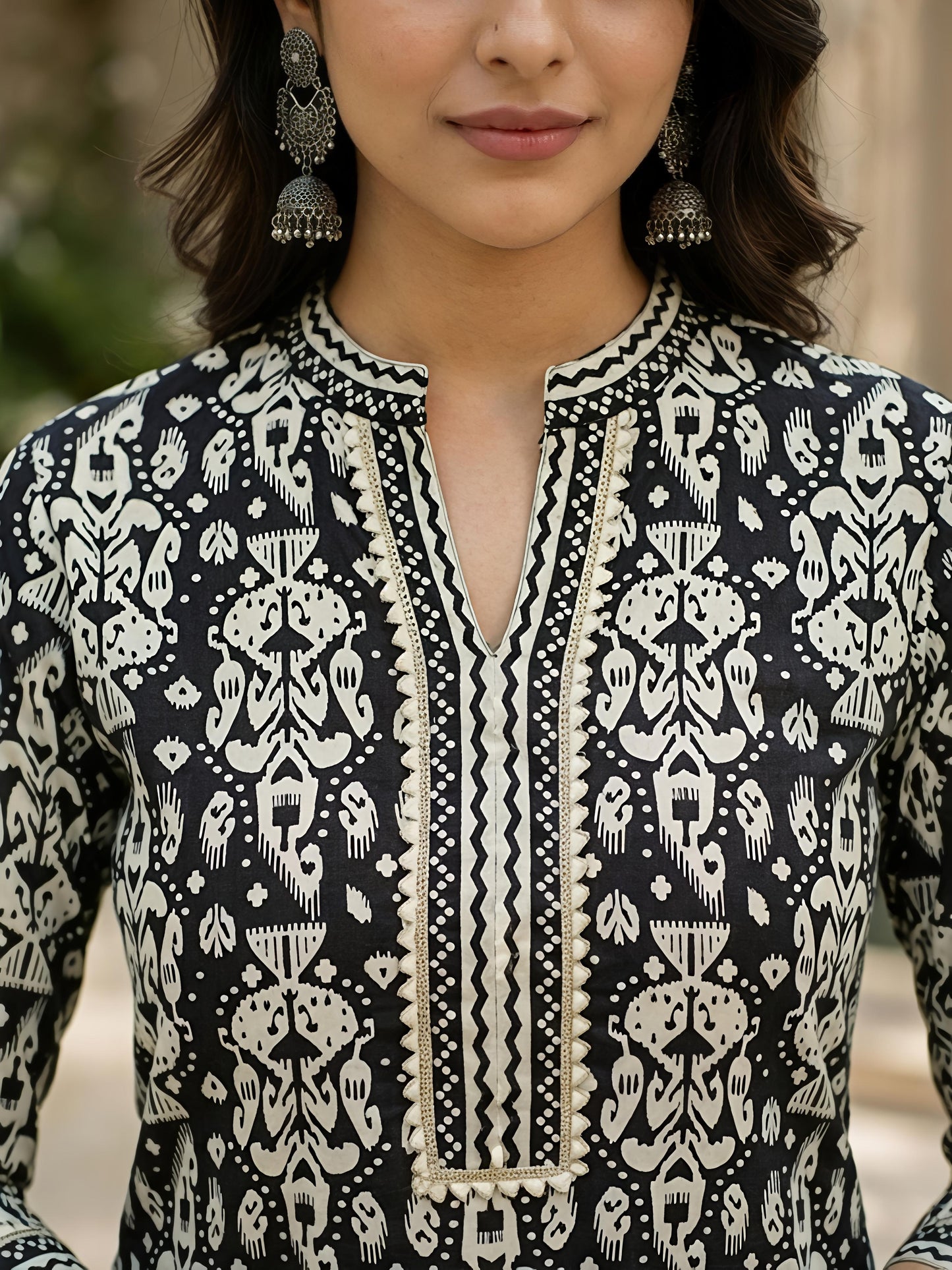 Black Ethnic Cotton Printed Kurta Set Pant Dupatta Outfit