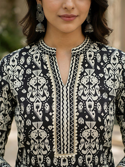 Black Ethnic Cotton Printed Kurta Set Pant Dupatta Outfit