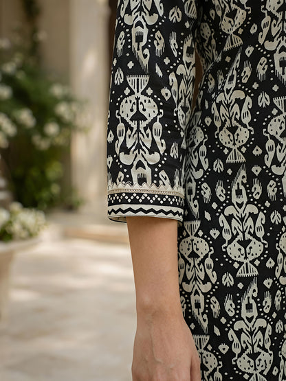Black Ethnic Cotton Printed Kurta Set Pant Dupatta Outfit