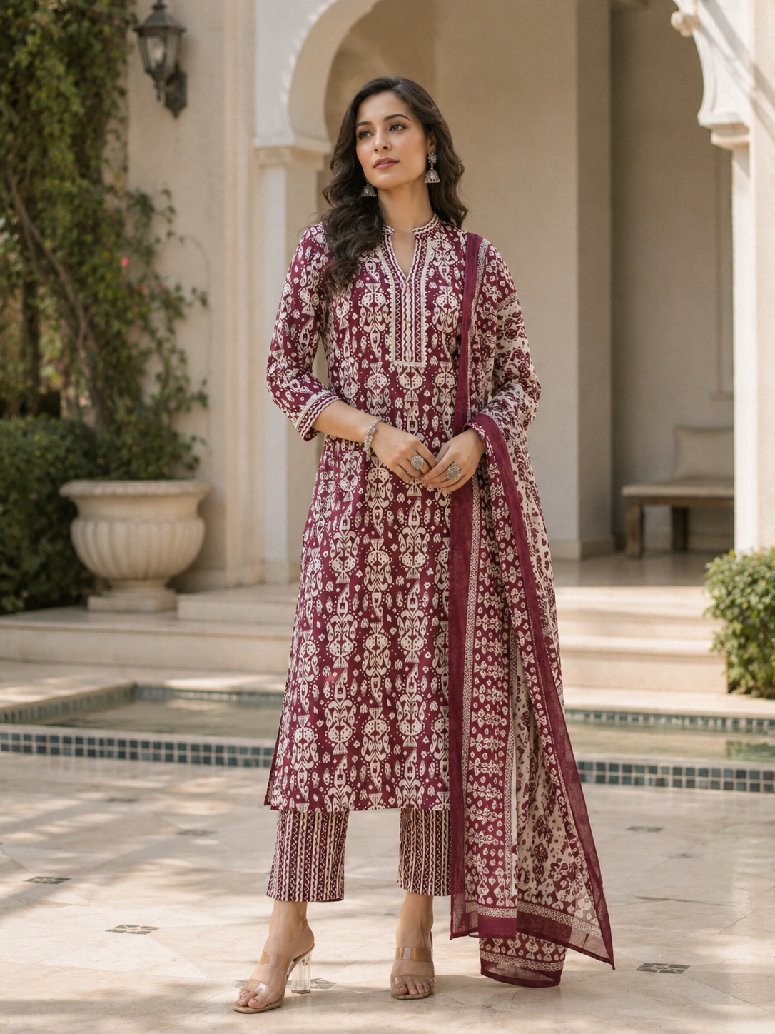 Maroon Ethnic Cotton Printed Kurta Set Pant Dupatta Outfit
