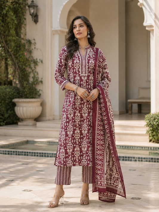 Maroon Ethnic Cotton Printed Kurta Set Pant Dupatta Outfit