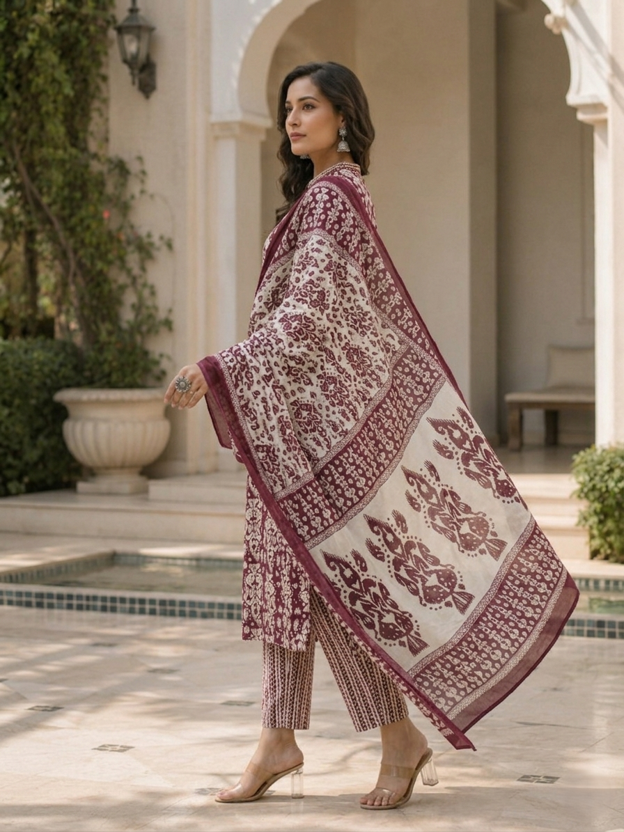 Maroon Ethnic Cotton Printed Kurta Set Pant Dupatta Outfit