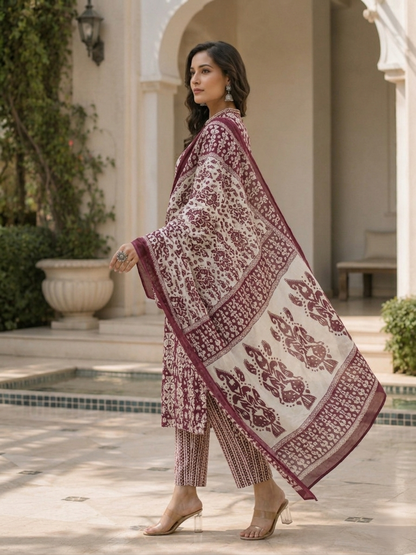 Maroon Ethnic Cotton Printed Kurta Set Pant Dupatta Outfit