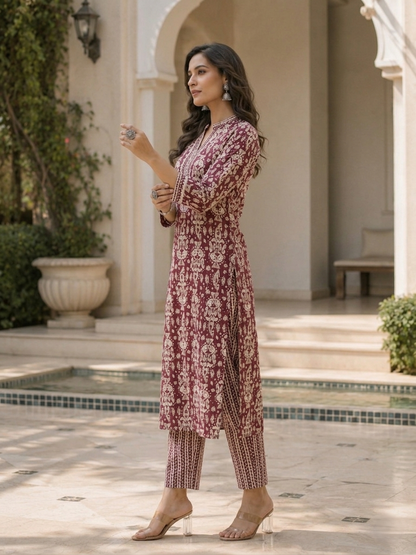 Maroon Ethnic Cotton Printed Kurta Set Pant Dupatta Outfit