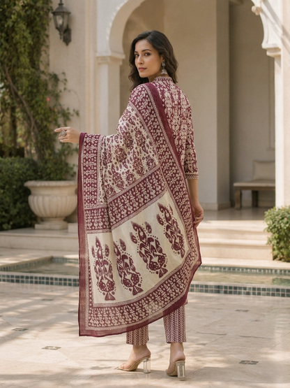 Maroon Ethnic Cotton Printed Kurta Set Pant Dupatta Outfit