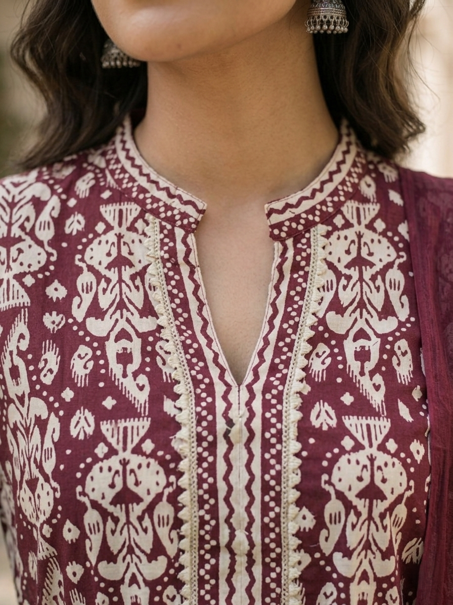 Maroon Ethnic Cotton Printed Kurta Set Pant Dupatta Outfit