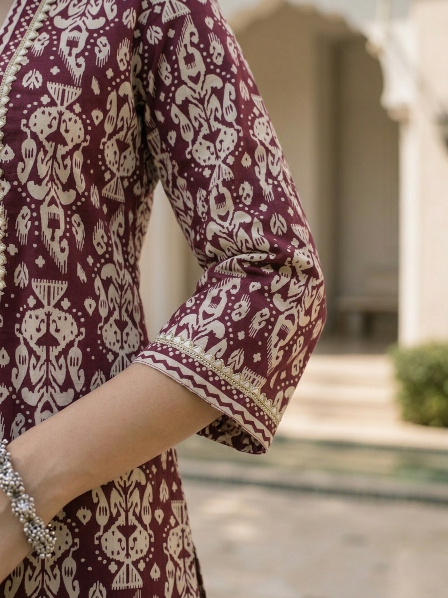 Maroon Ethnic Cotton Printed Kurta Set Pant Dupatta Outfit