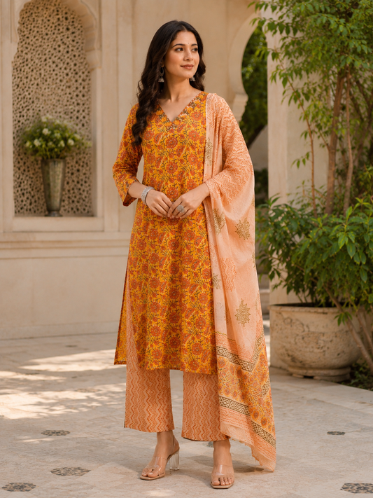 Orange Ethnic V-Neck Rayon Printed Kurta Set Pant Dupatta