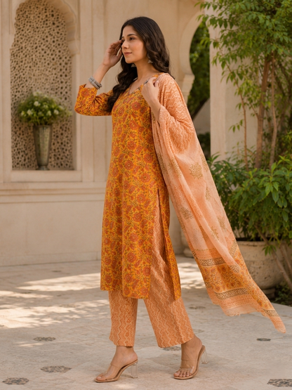 Orange Ethnic V-Neck Rayon Printed Kurta Set Pant Dupatta