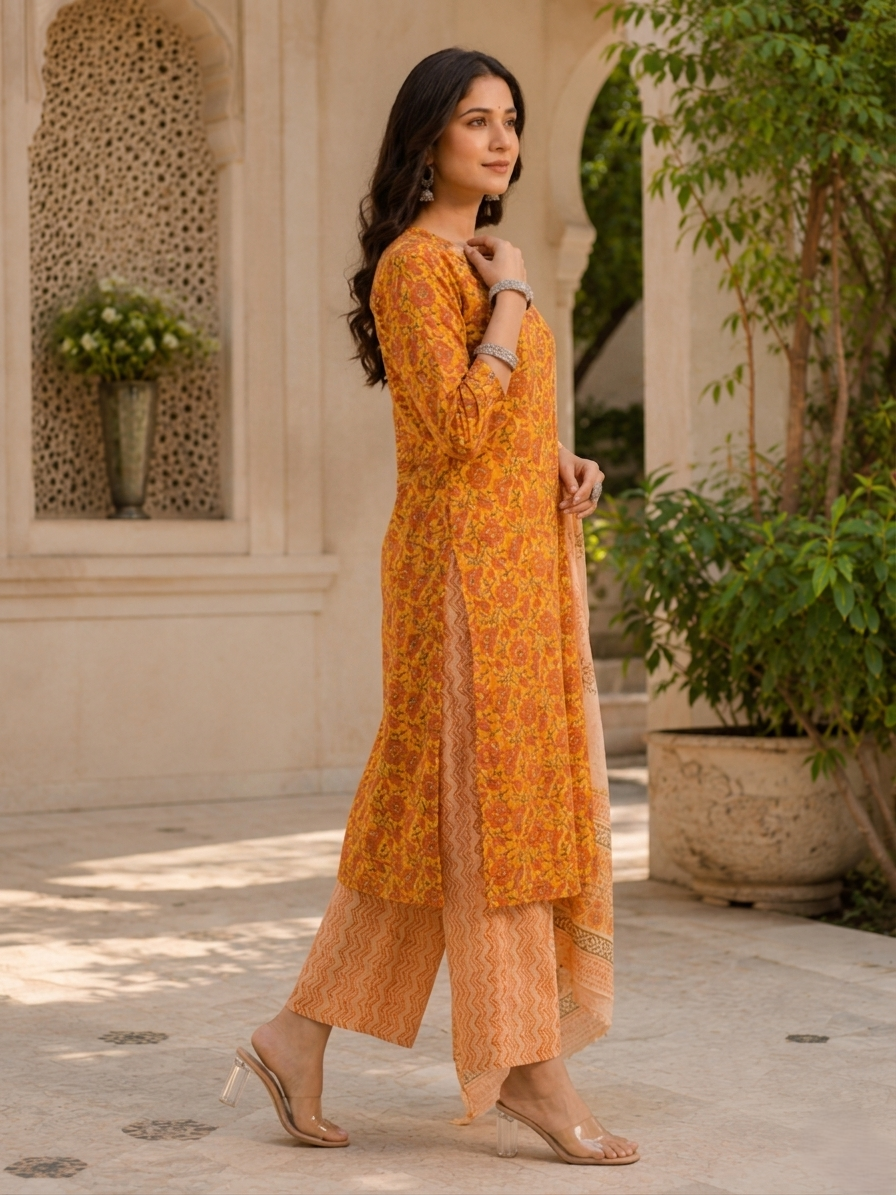 Orange Ethnic V-Neck Rayon Printed Kurta Set Pant Dupatta