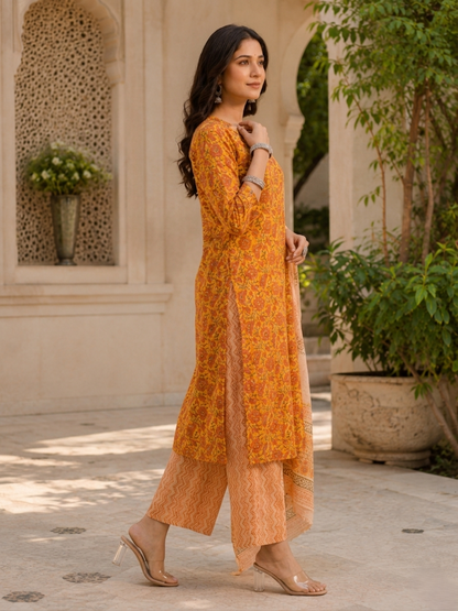 Orange Ethnic V-Neck Rayon Printed Kurta Set Pant Dupatta